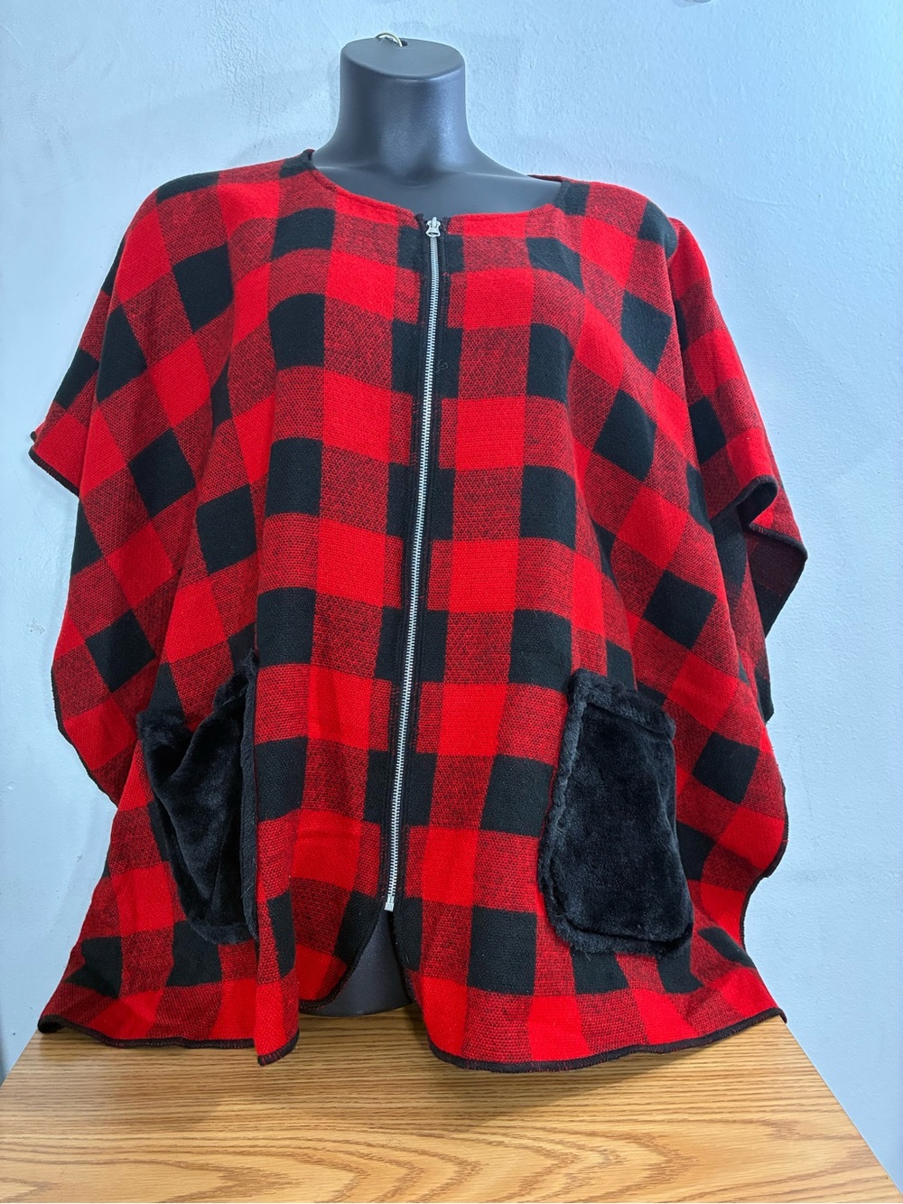 Red & Black Buffalo Plaid Zip-Front Poncho